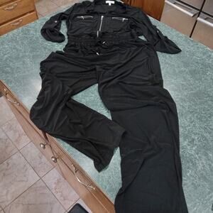 Spense Jumpsuit Women's 8 Black Long Sleeve Wide Leg Zip Pockets Elastic Waist